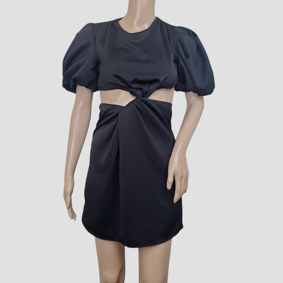 Zara Cut Out Draped Black Puff Sleeve Dress - Picture 1 of 3